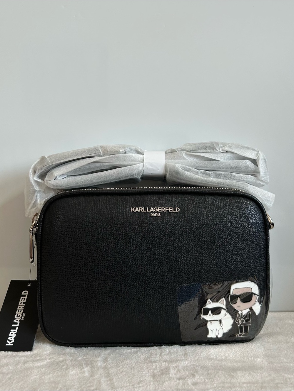 Karl Lagerfeld Black Pebbled Leather Camera Bag with Karl & Cat Patch